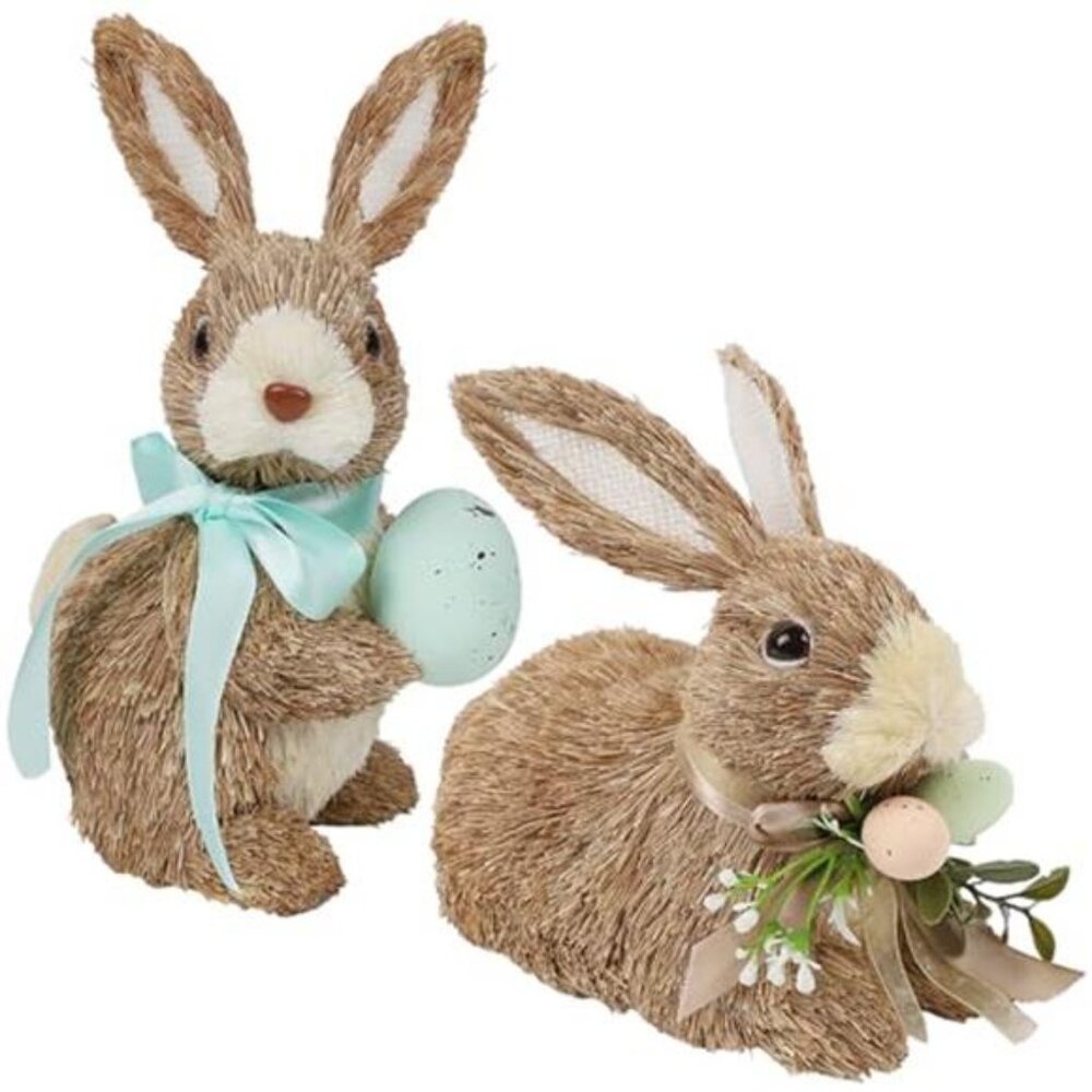 Set of 2 Easter Decorations Bunny Figurines with Eggs Spring Straw - Picture 8 of 14